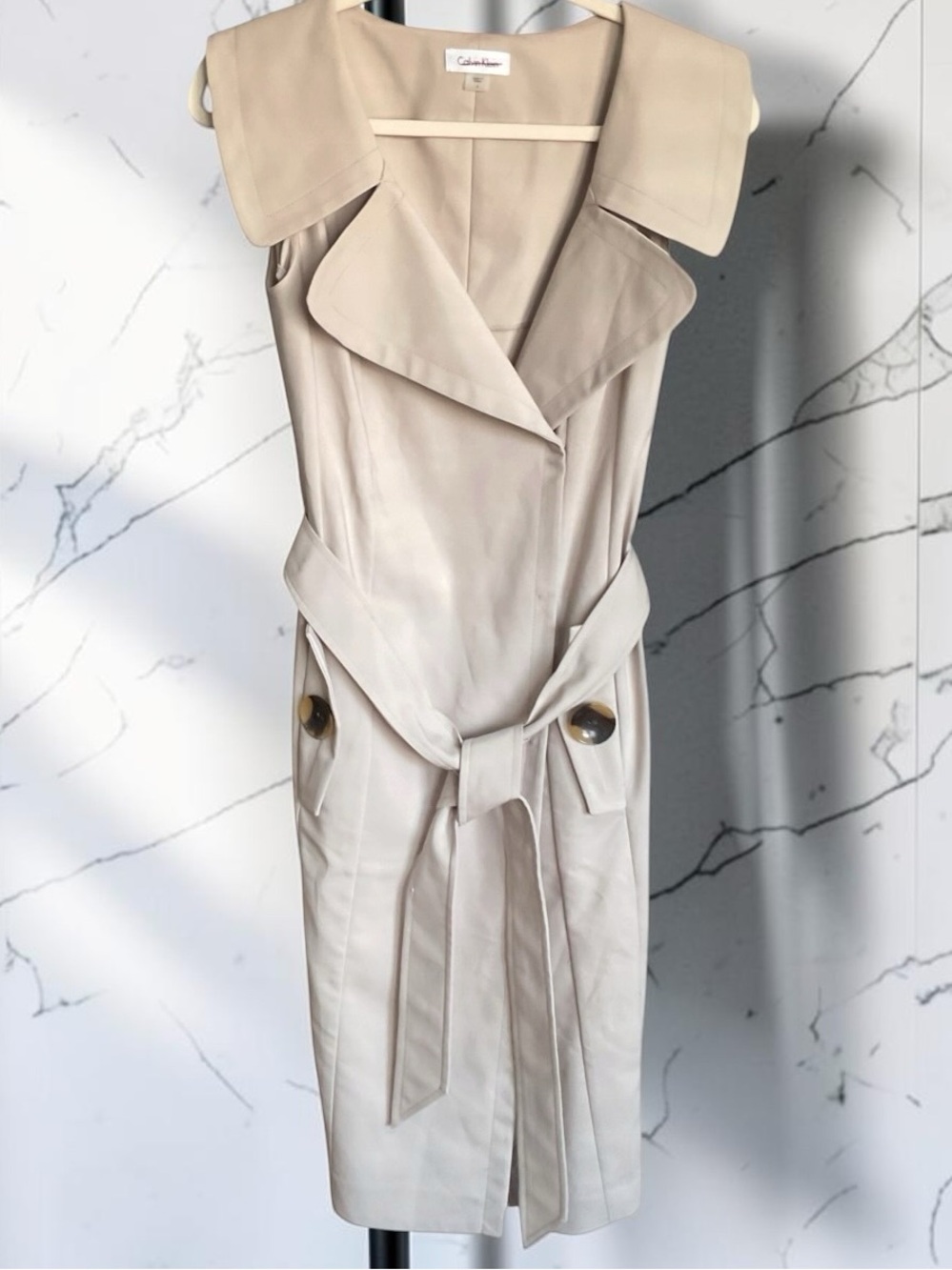 Calvin Klein Light Beige Sleeveless Trench vest w/Belt, P2P:16”, L:39.5”